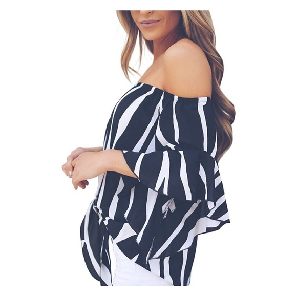 Striped-Off-the-Shoulder/Front Tie-Knot Top - Picture 4 of 6